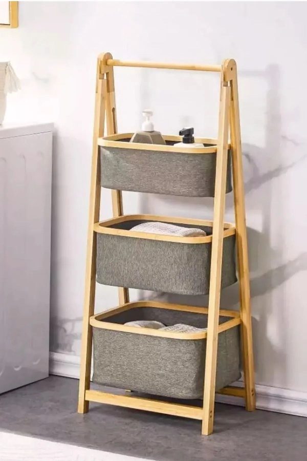 3 Katlı Bambu Katlanır Mutfak, Banyo Organizeri, Sebze Sepeti, Çamaşır Sepeti Ayaklı Depolama Rafı