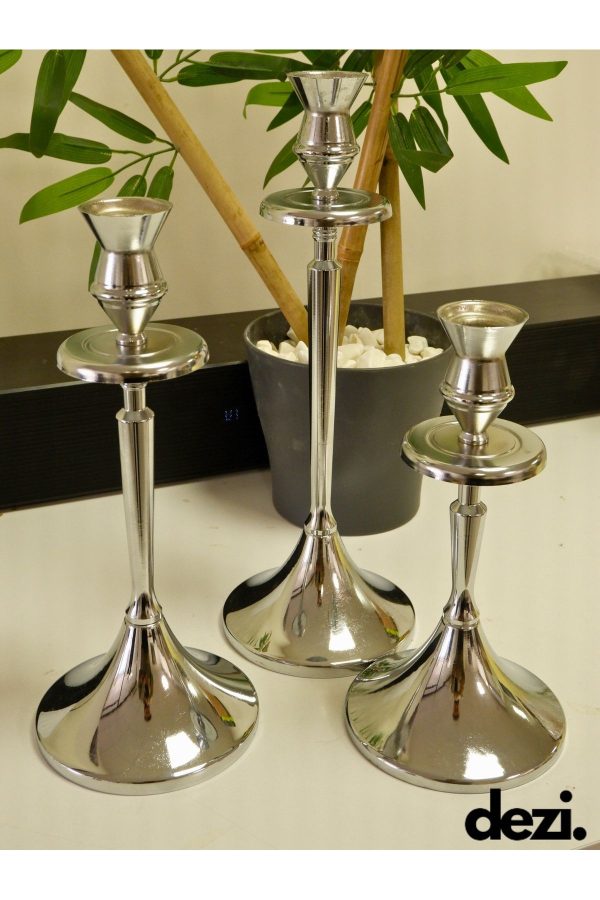 3'Lü Metal Mumluk Şamdan Seti, Dekoratif Set, Ev Nişan Dekorasyonu (23-28-33cm) Çap 12 Cm